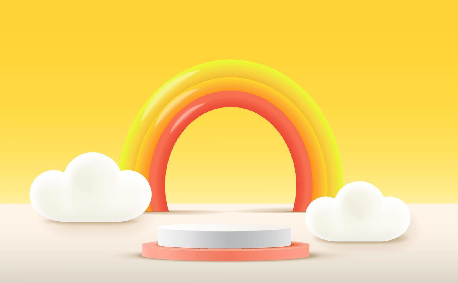 pódio de renderização 3D, fundo colorido, nuvens e clima com espaço vazio para crianças ou produtos para bebês vetor