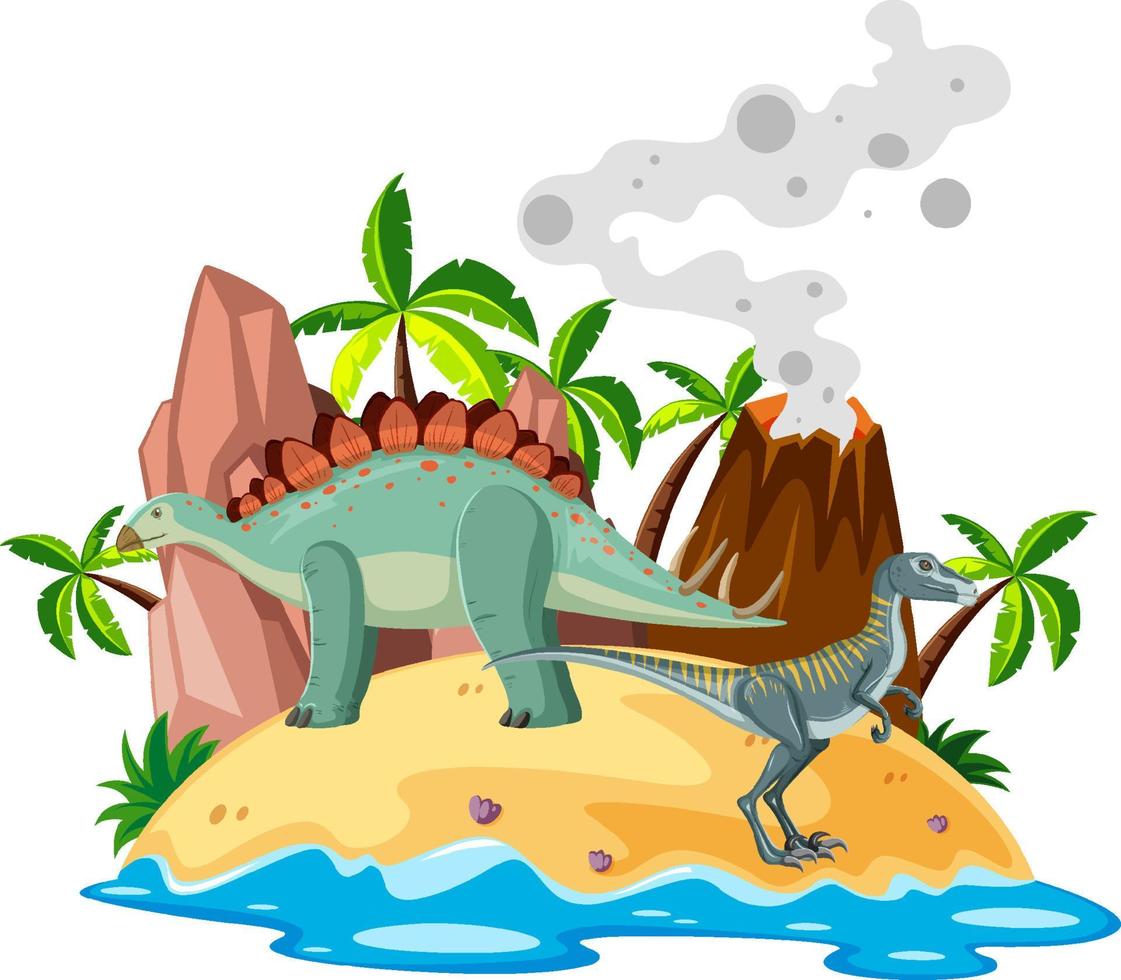 cena com dinossauros estegossauro e raptor na ilha vetor