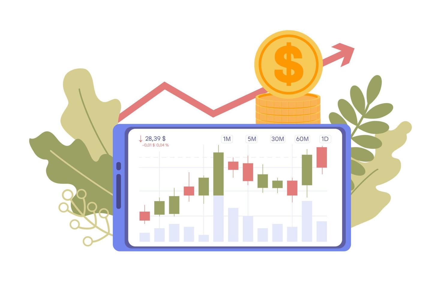 tela do telefone com cotações do mercado de ações, vidro de ações. conceito de negociação de investimento do mercado de ações. estratégia de investimento bem sucedida, conceito de negócio. aumento de capital, crescimento de receita vetor