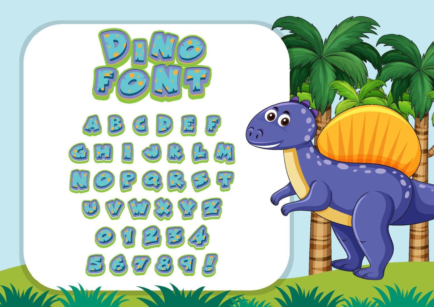 design de fonte para alfabetos ingleses em personagem de dinossauro no modelo com selva vetor