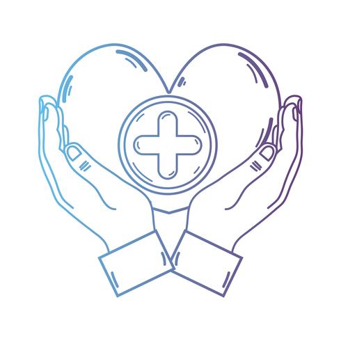 mãos de linha com símbolo de medicamento de coração para ajudar as pessoas vetor