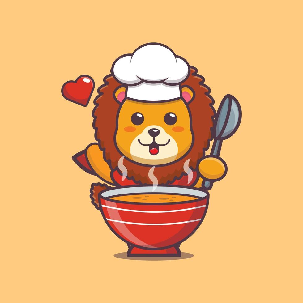 personagem de desenho animado de mascote de chef de leão fofo com sopa vetor