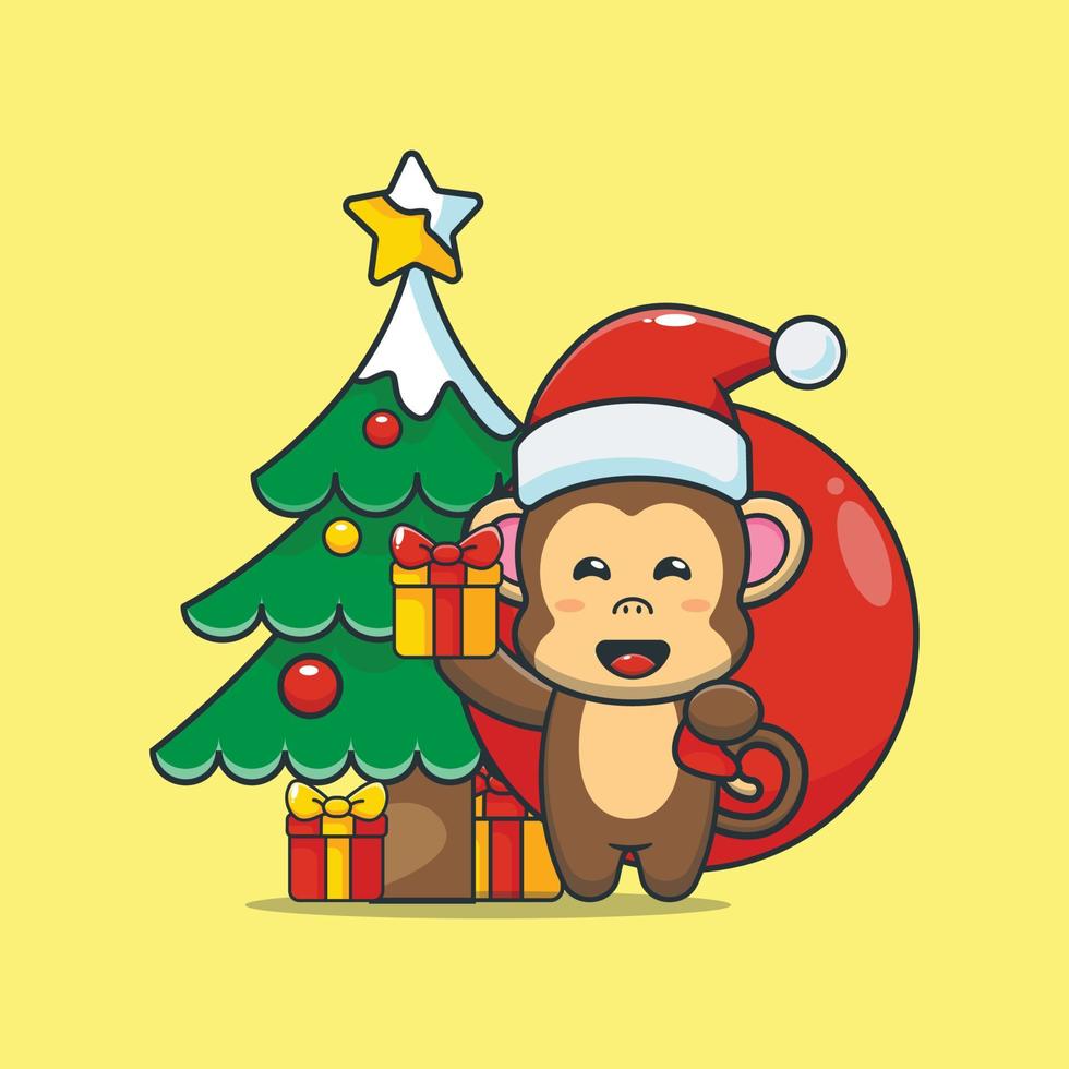macaco bonito carregando caixa de presente de natal com saco vetor