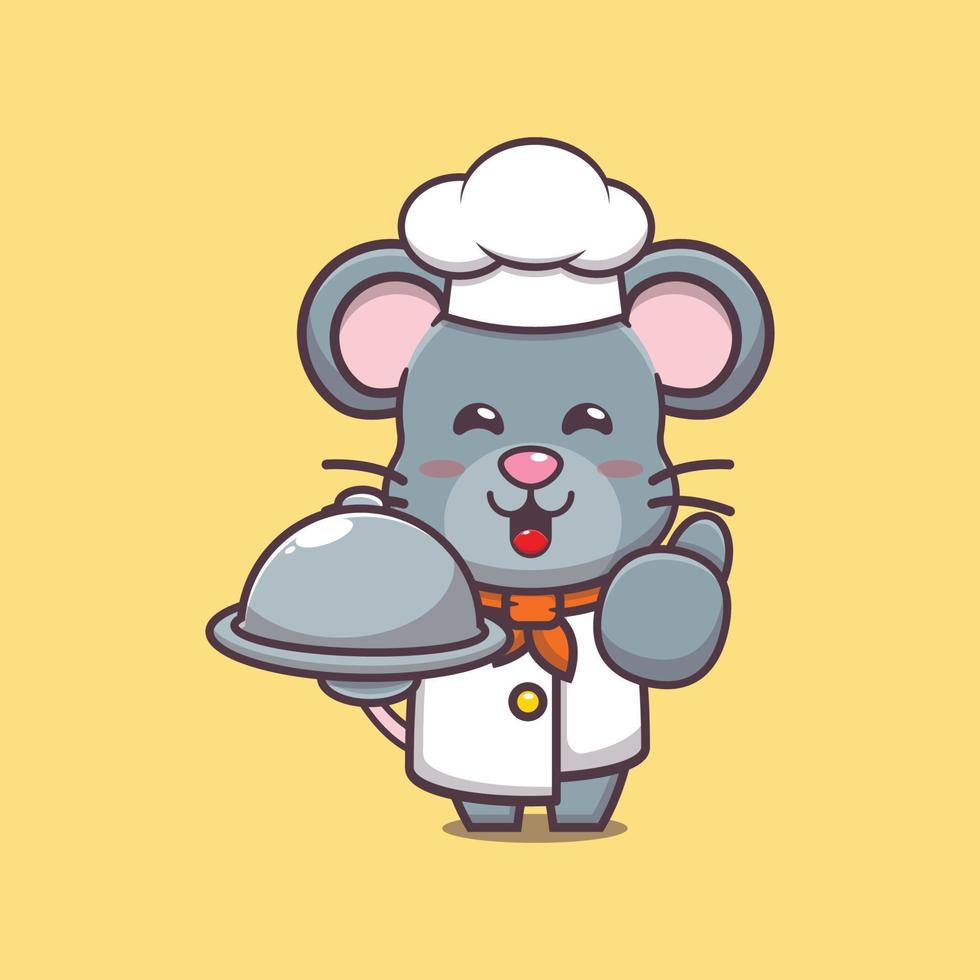 personagem de desenho animado de mascote de chef de rato fofo com prato vetor