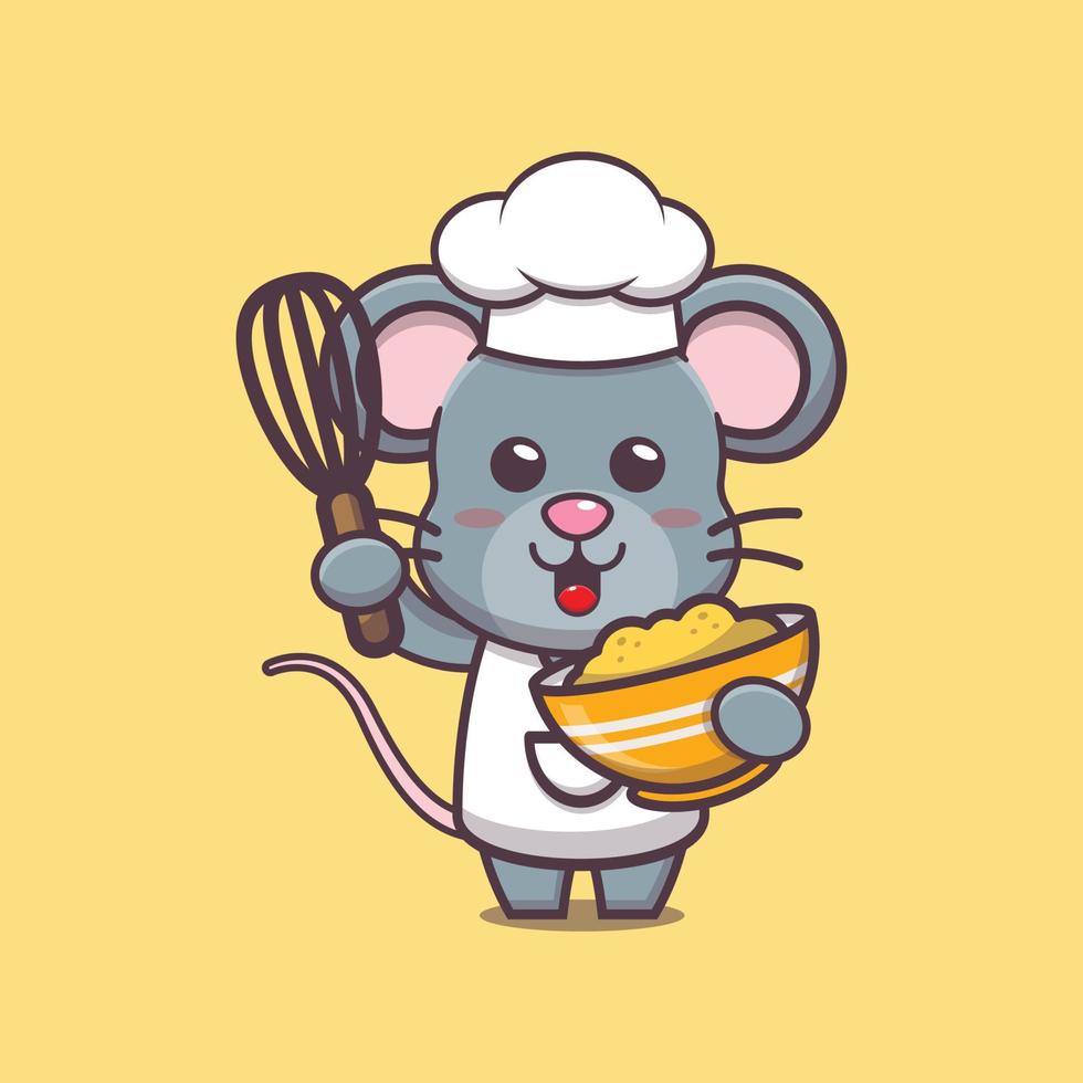 personagem de desenho animado de mascote de chef de rato fofo com massa de bolo vetor