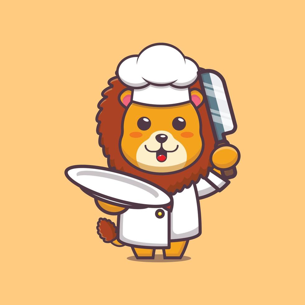 personagem de desenho animado de mascote de chef leão fofo com faca e prato vetor