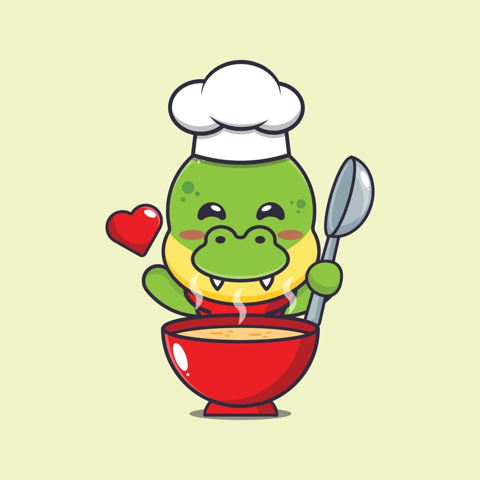 personagem de desenho animado bonito da mascote do chef dino com sopa vetor
