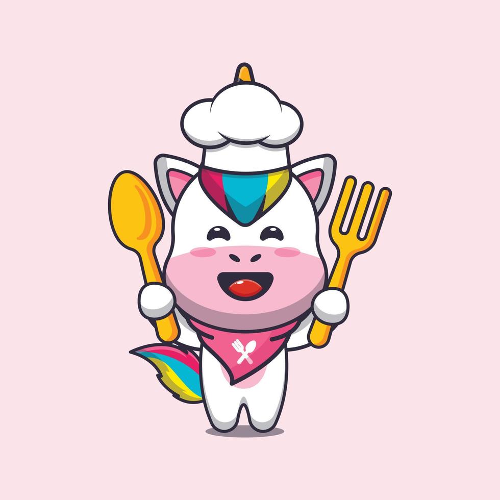 personagem de desenho animado de mascote de chef unicórnio fofo segurando colher e garfo vetor