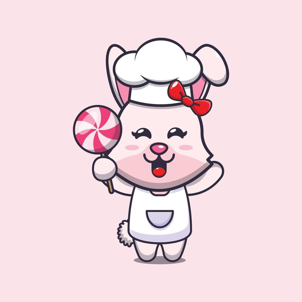 personagem de desenho animado de mascote de chef de coelhinho fofo segurando doces vetor