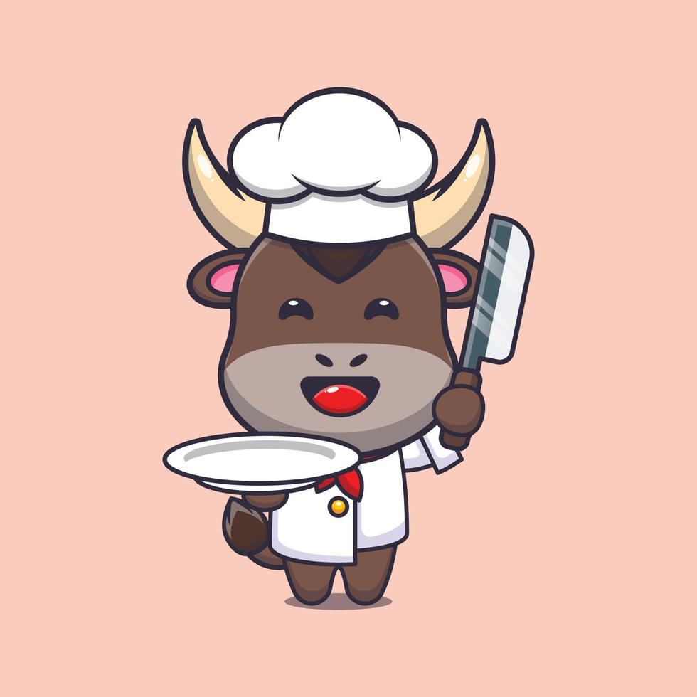 personagem de desenho animado de mascote de chef de touro bonito com faca e prato vetor