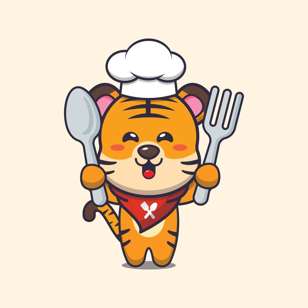 personagem de desenho animado de mascote de chef de tigre fofo segurando a colher e o garfo vetor