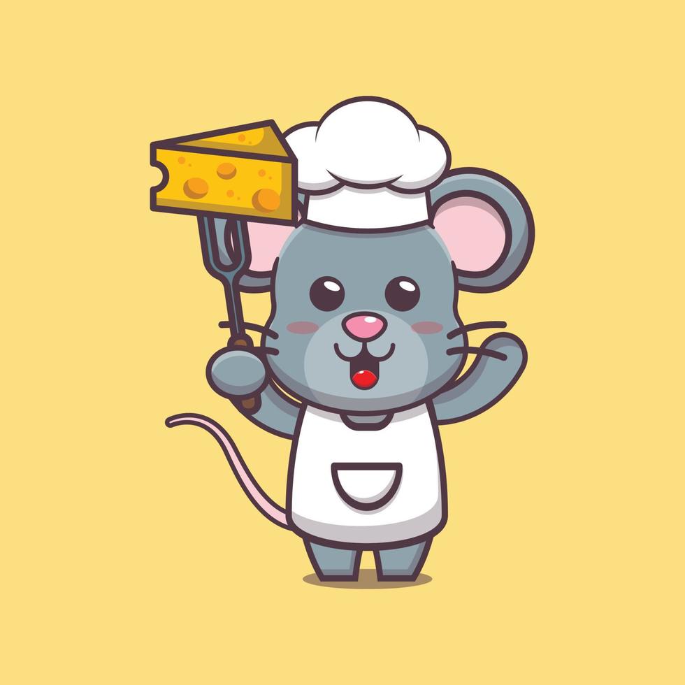 personagem de desenho animado de mascote de chef de rato fofo com queijo vetor