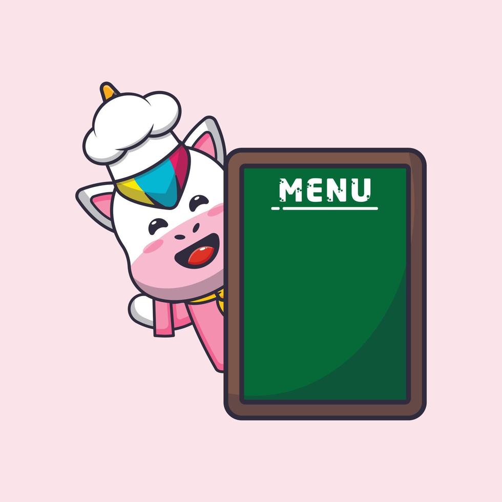 personagem de desenho animado de mascote de chef unicórnio fofo com placa de menu vetor