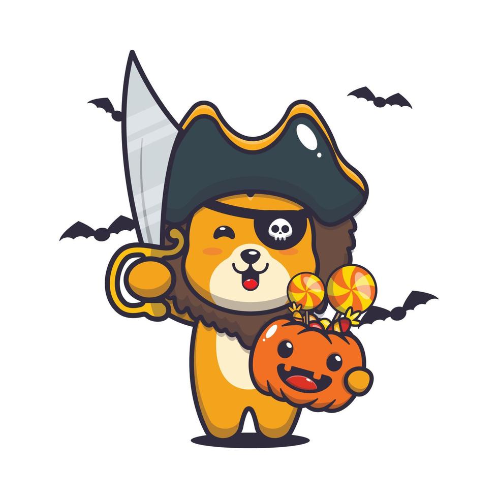 personagem de desenho animado de leão fofo com fantasia de piratas no dia de halloween vetor