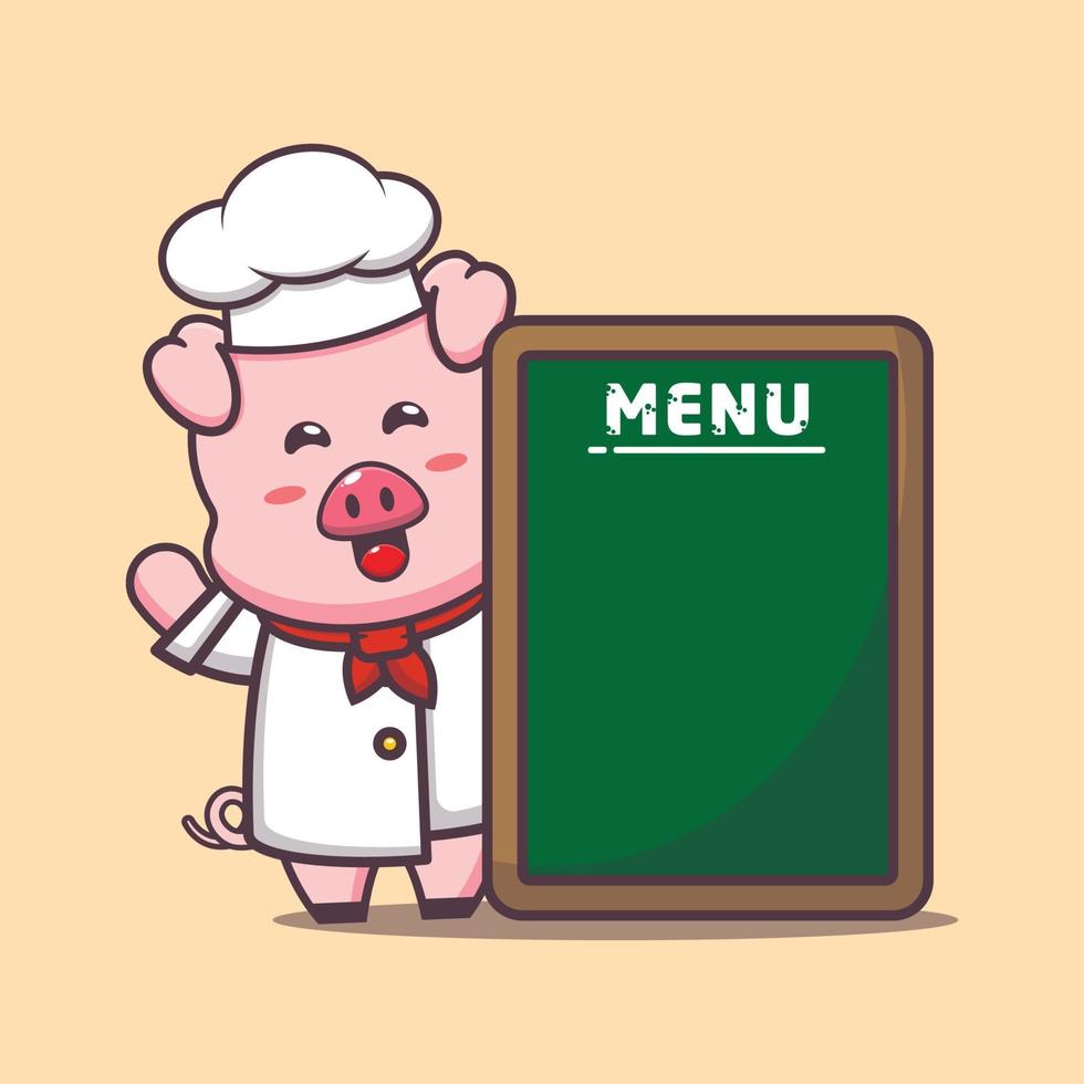 personagem de desenho animado de mascote de chef de porco bonito com placa de menu vetor
