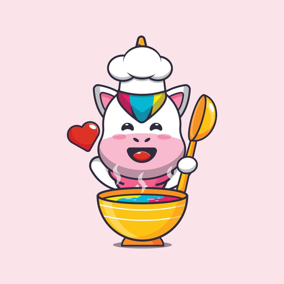 personagem de desenho animado de mascote de chef unicórnio fofo com sopa vetor