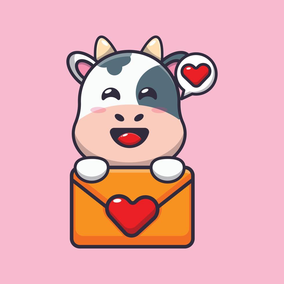 personagem de desenho animado de vaca fofa com mensagem de amor vetor
