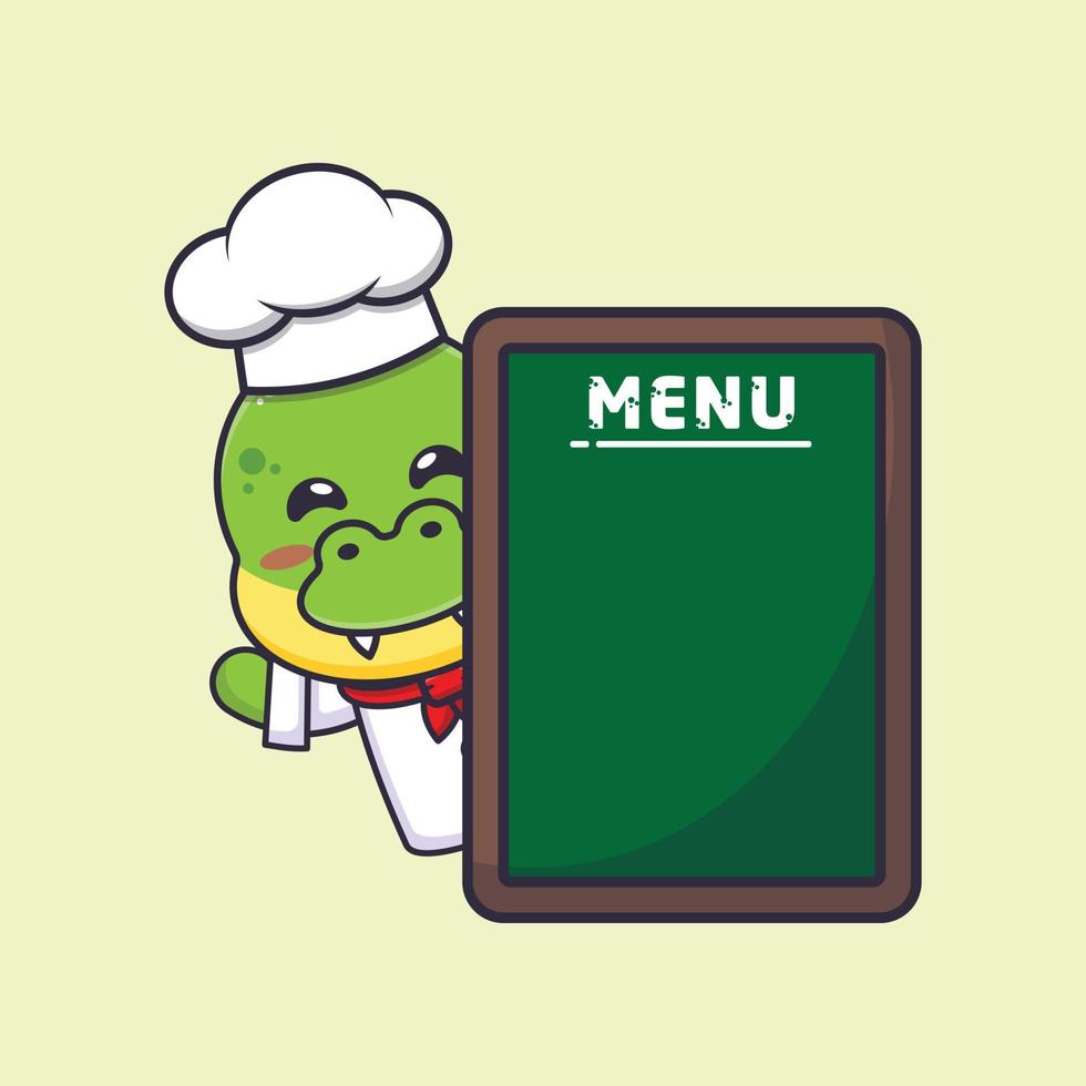 personagem de desenho animado fofo dino chef mascote com placa de menu vetor