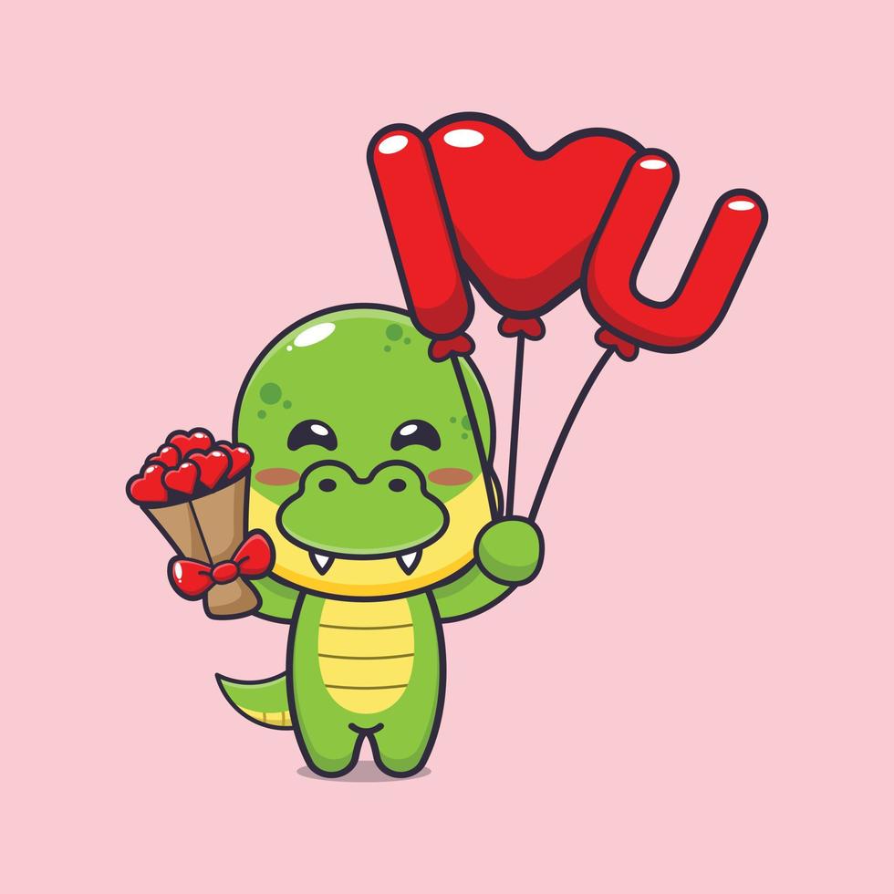 personagem de desenho animado dino fofo segurando balão de amor e flores de amor vetor