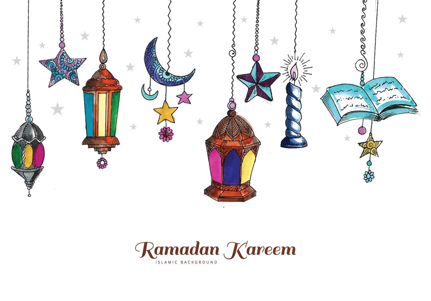 bela saudação decorativa do festival ramadan kareem islâmico com fundo de lâmpada e lua vetor