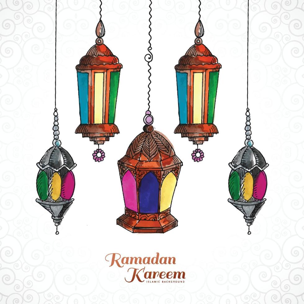 bela saudação decorativa do festival ramadan kareem islâmico com design de cartão de lâmpada vetor