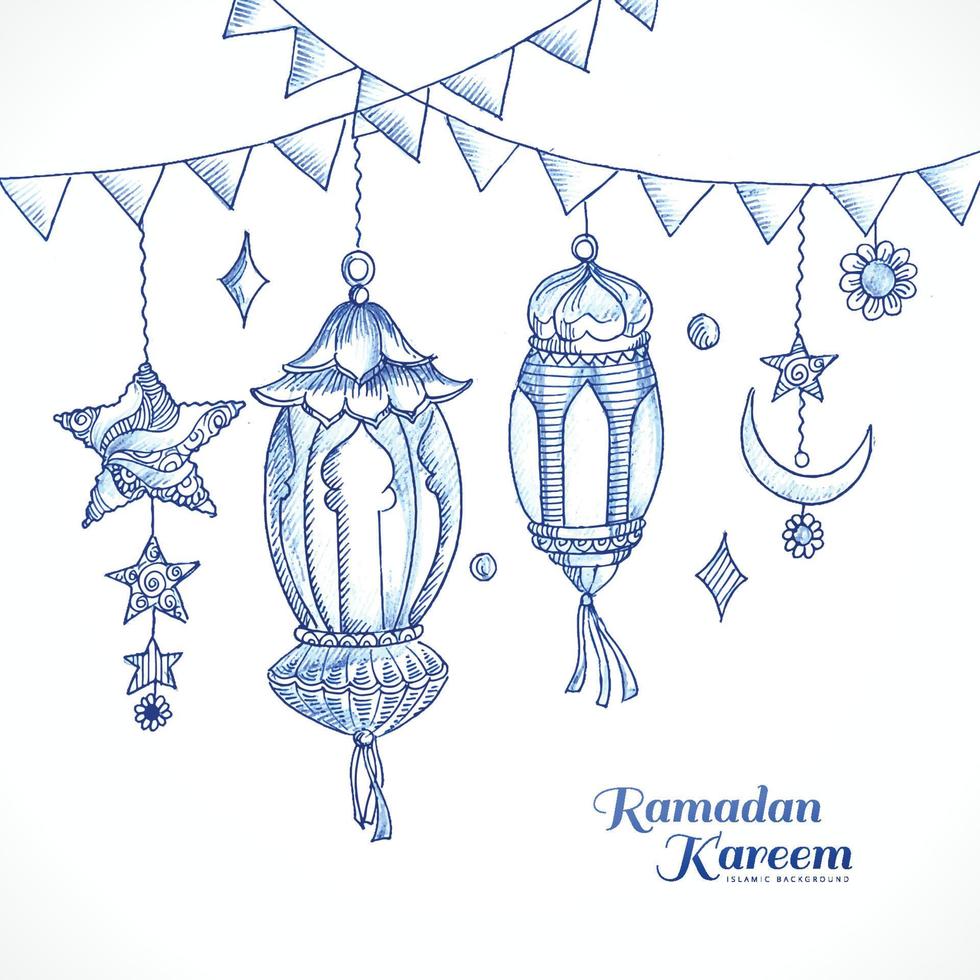 design de ramadan kareem com lanterna decorativa e fundo de cartão de desenho islâmico vetor