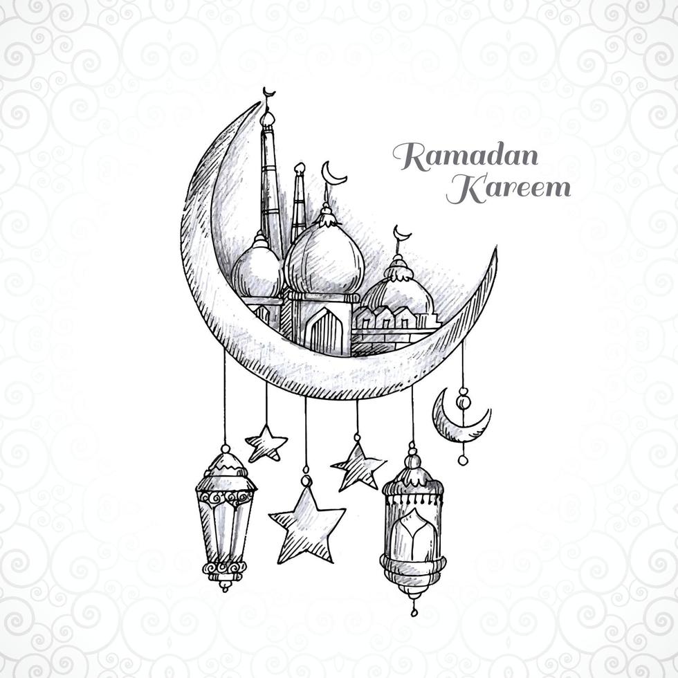 lua islâmica do ramadan kareem e fundo do cartão de esboço da mesquita vetor