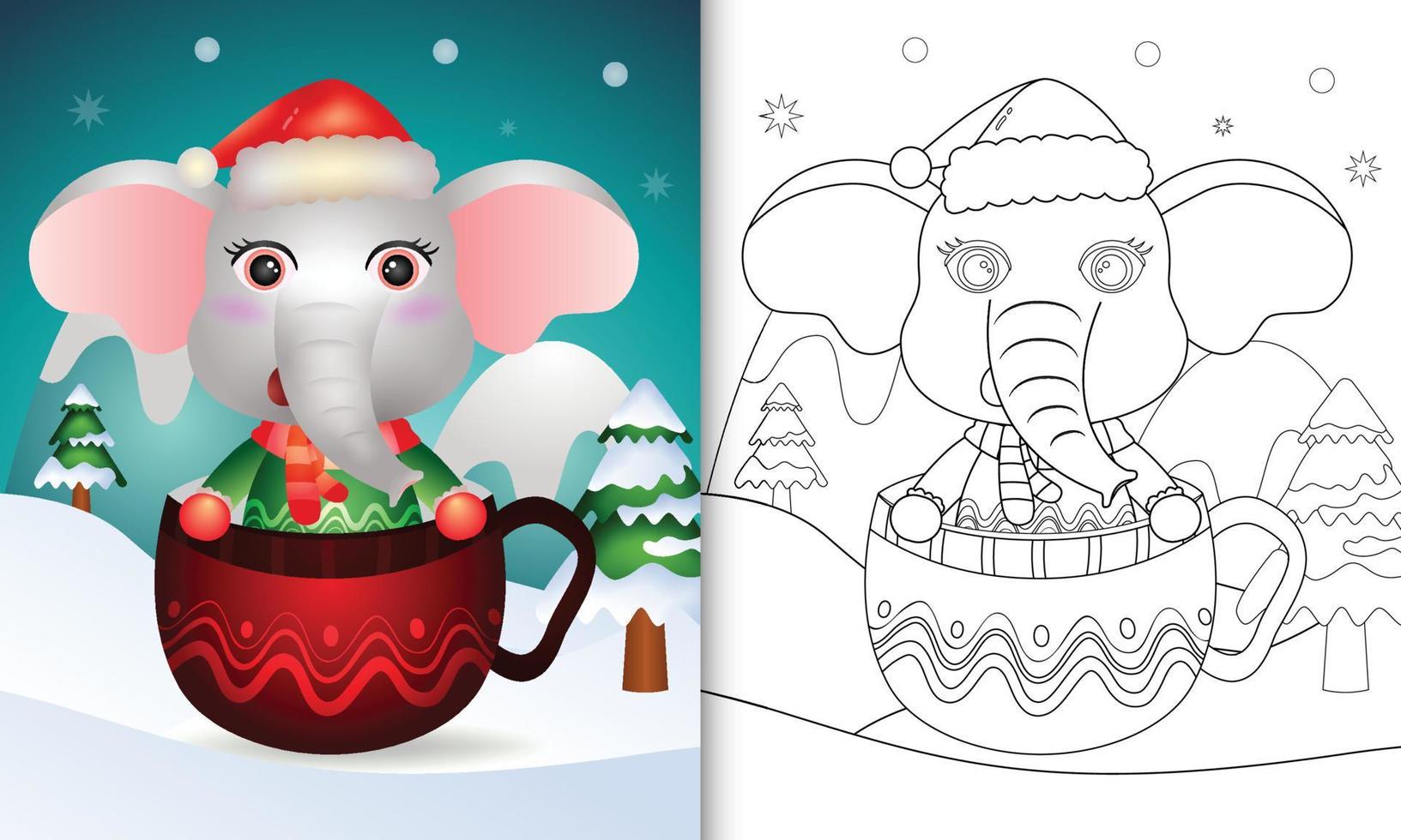 livro de colorir com um elefante fofo personagens de natal com um chapéu de papai noel e cachecol no copo vetor