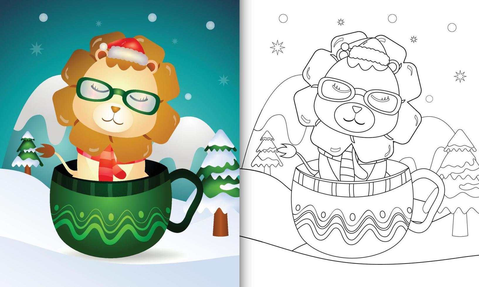 livro de colorir com personagens de natal de um leão fofo com um chapéu de papai noel e cachecol no copo vetor