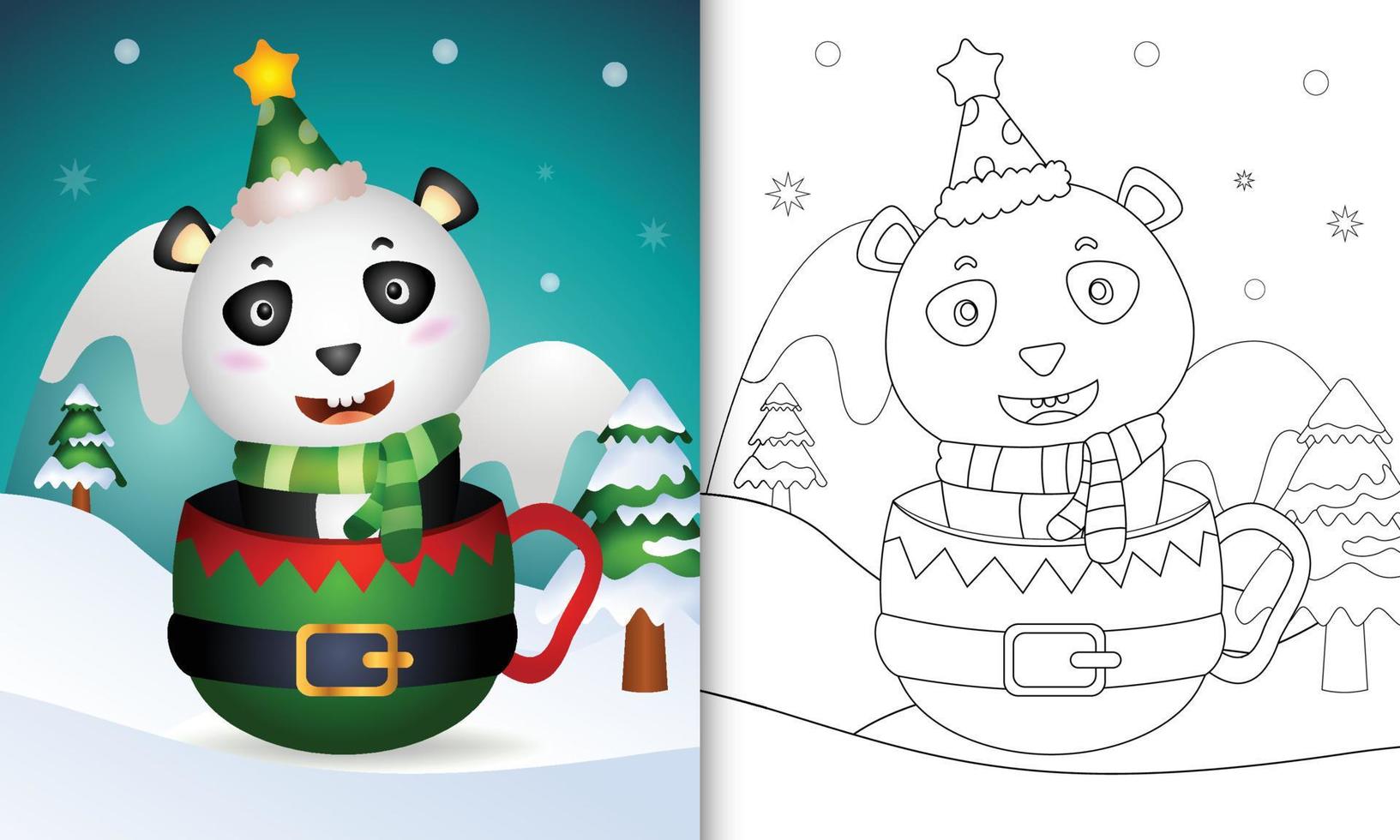 livro de colorir com um panda fofo personagens de natal com um chapéu e cachecol na taça de duende vetor