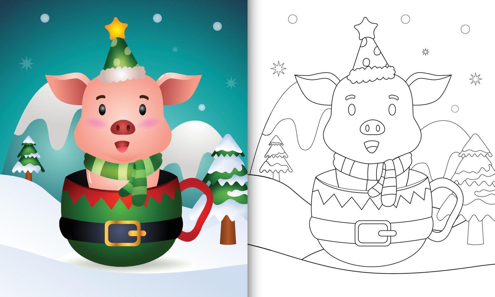 livro de colorir com um porco fofo personagens de natal com um chapéu e cachecol na taça de duende vetor