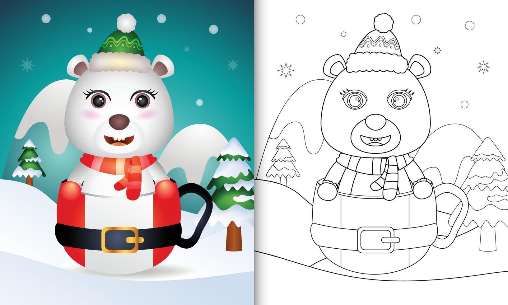 livro de colorir com um urso polar fofo personagens de natal com um chapéu e cachecol na xícara de papai noel vetor