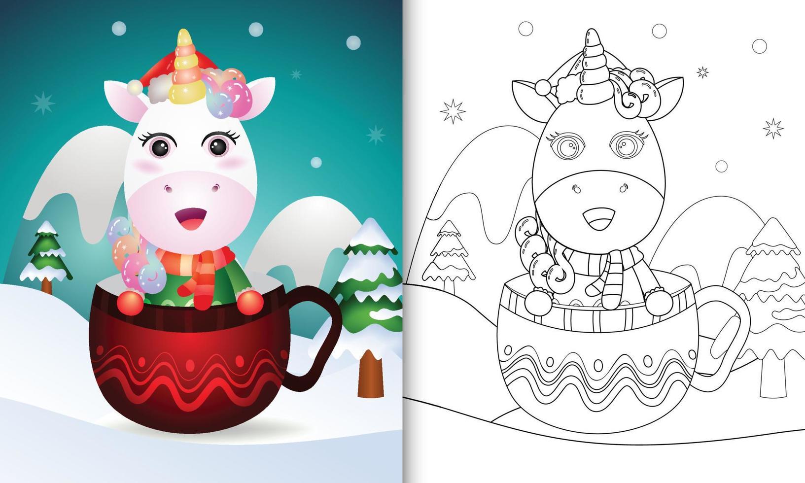 livro de colorir com personagens de natal de unicórnio fofos com um chapéu de papai noel e cachecol no copo vetor