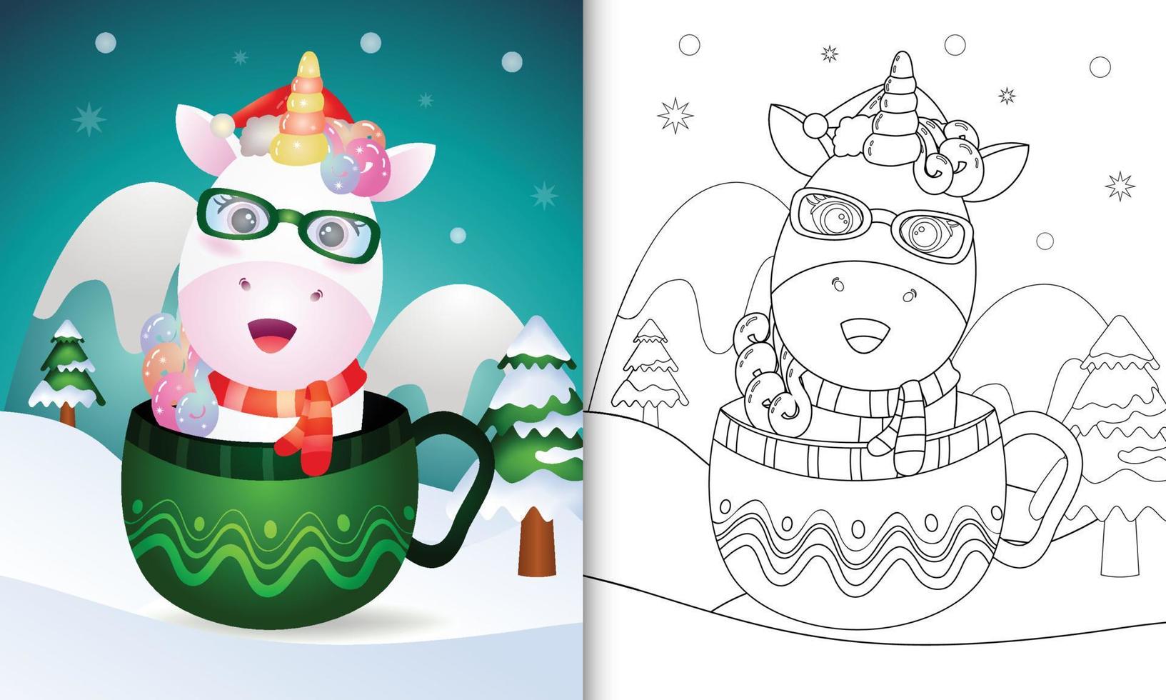 livro de colorir com personagens de natal de unicórnio fofos com um chapéu de papai noel e cachecol no copo vetor