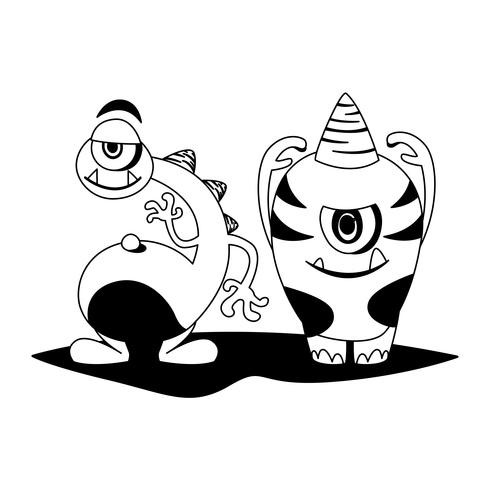 Monstros engraçados casal personagens em quadrinhos monocromático vetor