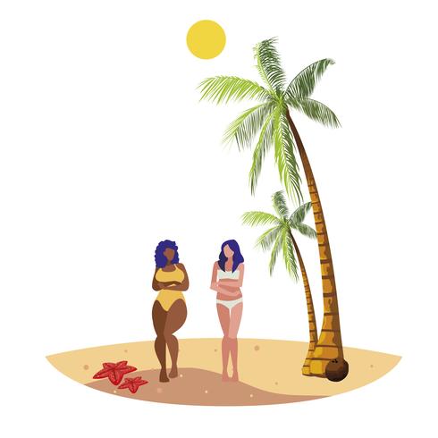 jovem casal interracial de garotas na cena de verão praia vetor