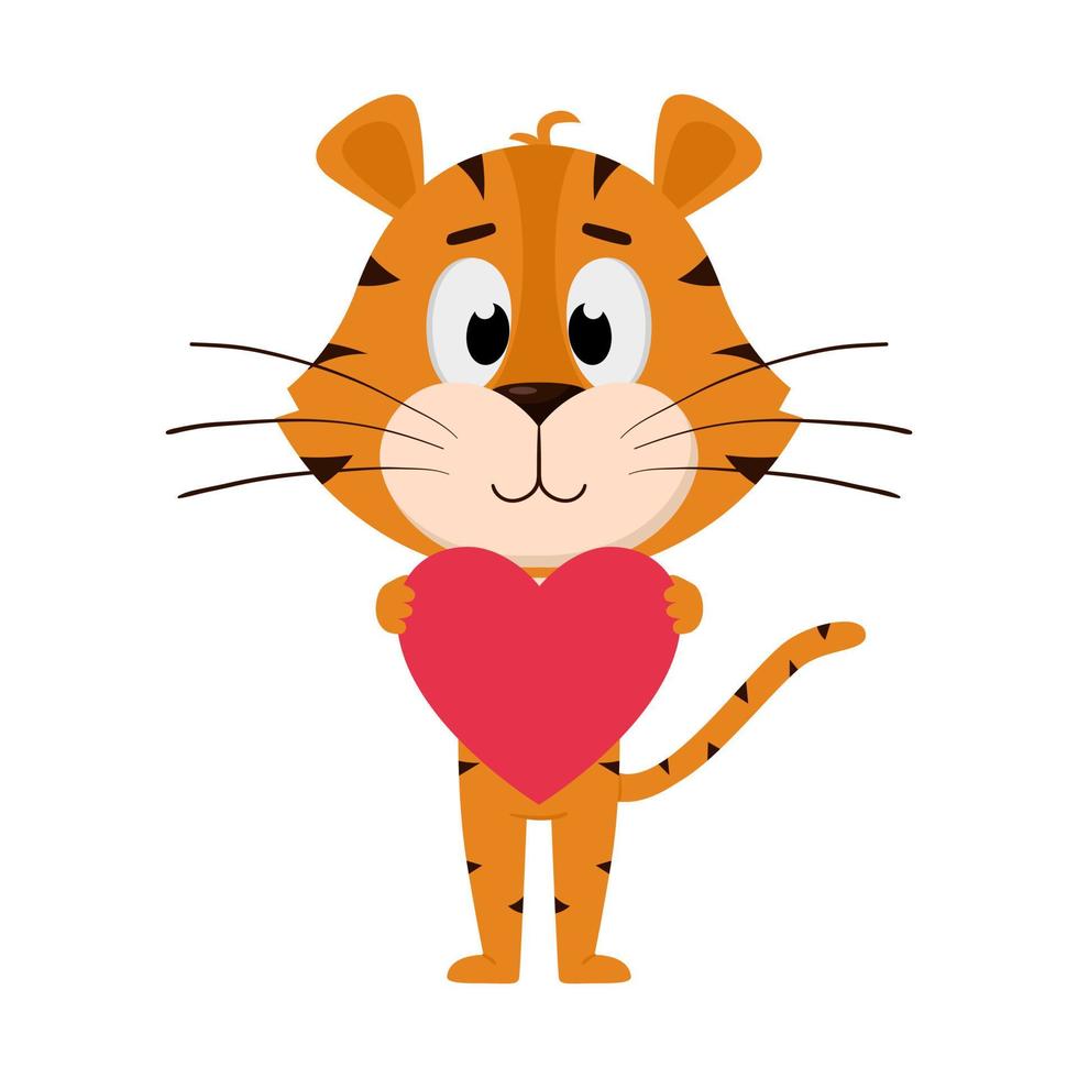 o tigre abraça, segura o coração nas patas. personagem de desenho animado bonito. o tigre é o símbolo do ano de 2022. ilustração vetorial para crianças. Isolado em um fundo branco vetor