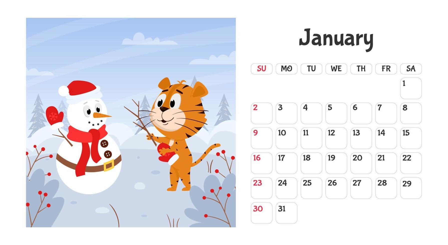 modelo de página de calendário de desktop horizontal para janeiro de 2022 com o tigre de desenho animado do símbolo do ano chinês. a semana começa no domingo. tigre faz um boneco de neve vetor