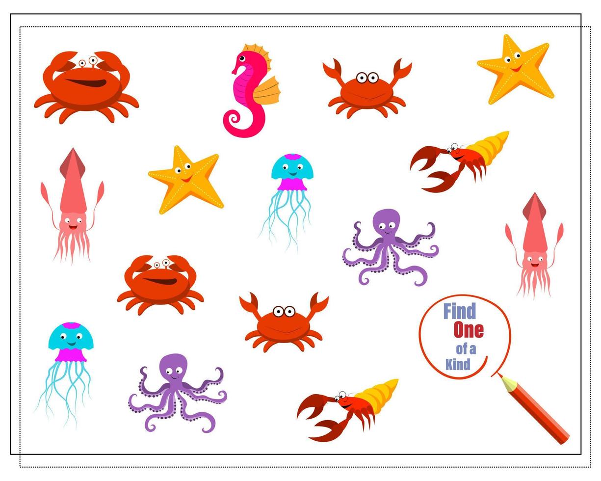 a ilustração dos desenhos animados do jogo educacional encontra uma imagem única. animais marinhos de desenho animado vetor