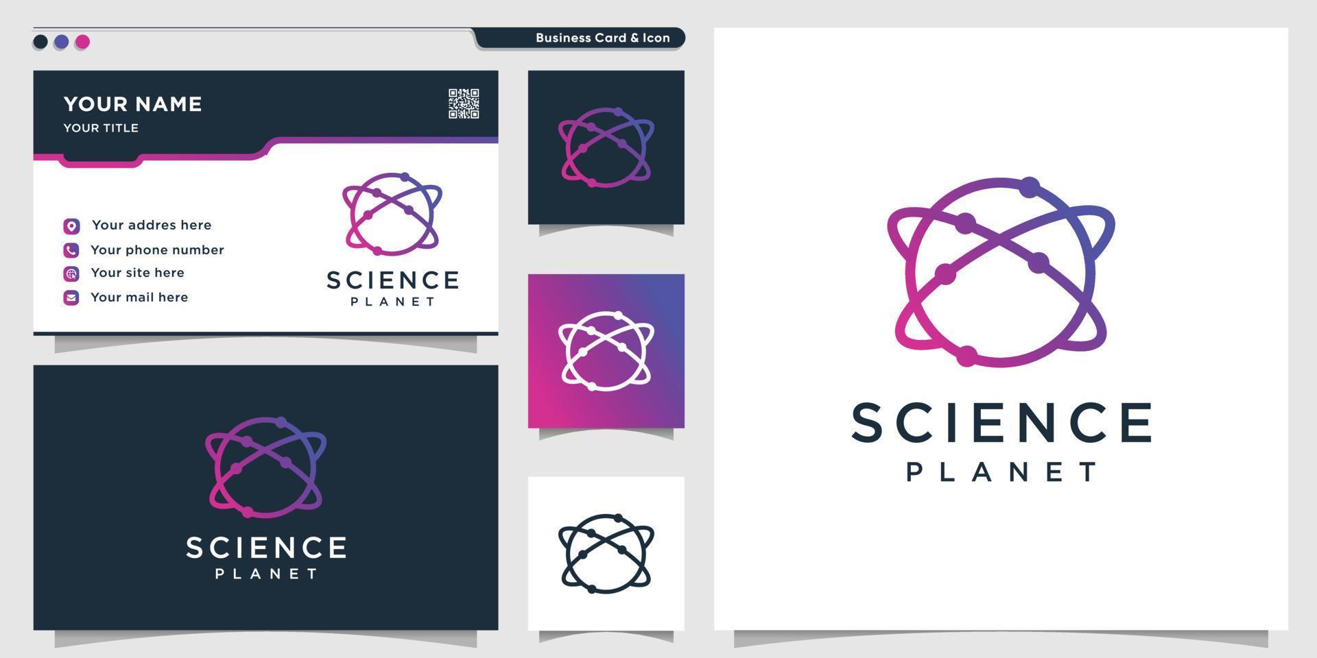 logotipo do planeta com estilo de arte de linha de ciência gradiente moderno e vetor premium de modelo de design de cartão de visita