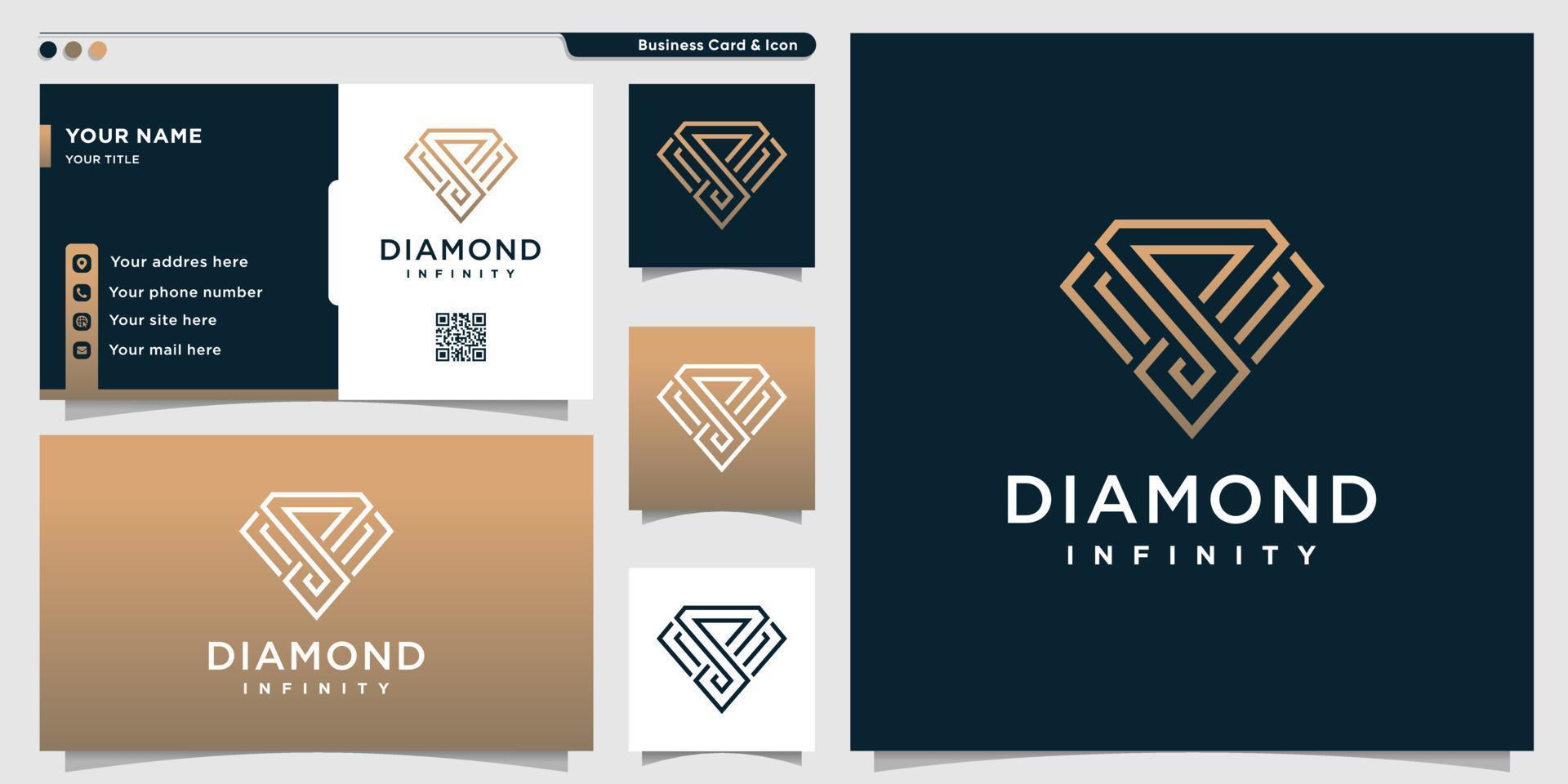 logotipo de diamante com estilo de arte de linha infinita dourada e modelo de design de cartão de visita premium vetor