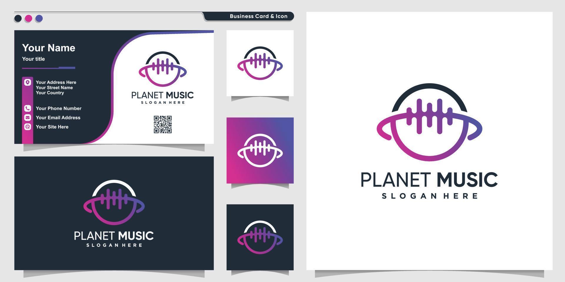 logotipo do planeta com estilo de música de arte de linha e modelo de design de cartão de visita, música, ideia, modelo, vetor premium