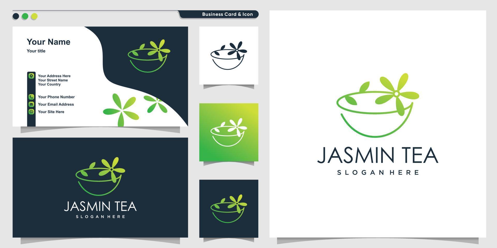 logotipo de chá de jasmim com estilo de arte de linha exclusivo e modelo de design de cartão de visita vetor premium