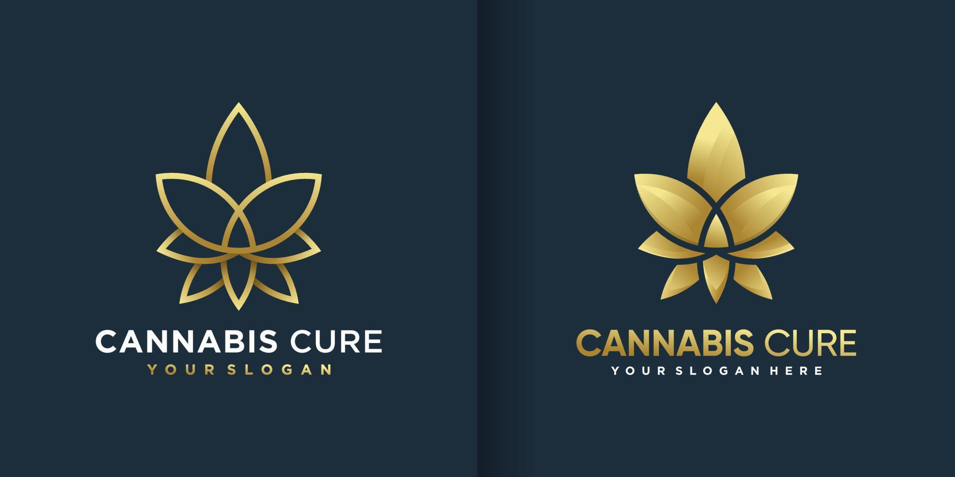 logotipo de cannabis com estilo de arte de linha dourada gradiente legal e vetor premium de design de cartão de visita