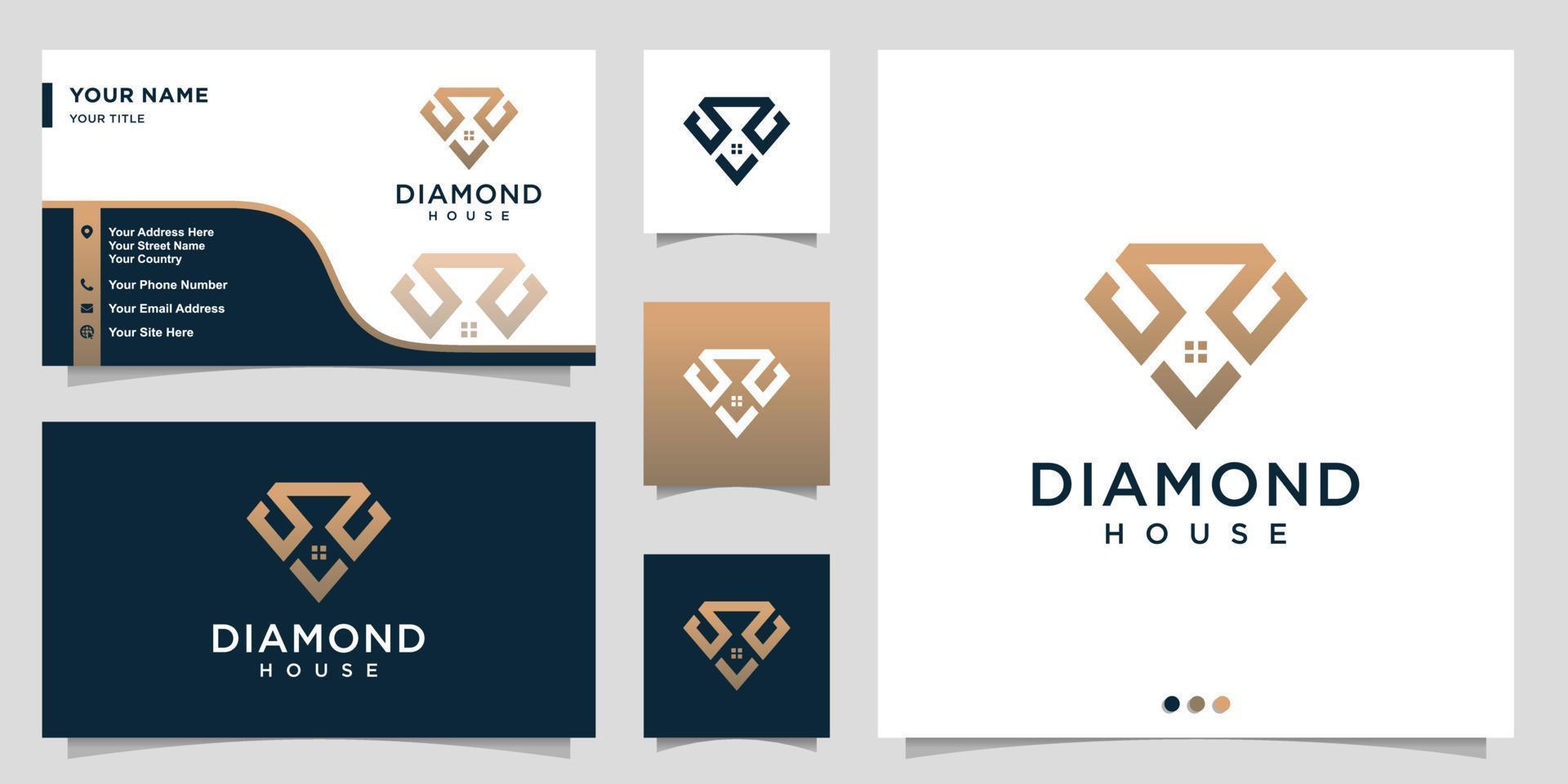 logotipo de diamante com conceito de casa de contorno e vetor premium de design de cartão de visita