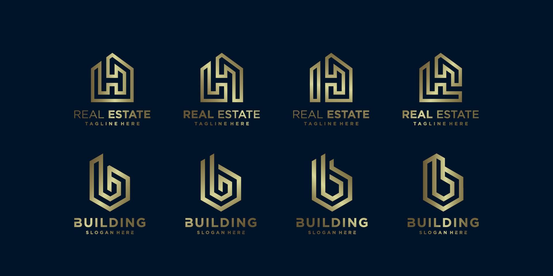 vetor premium de coleção de logotipo de imóveis e construção dourada