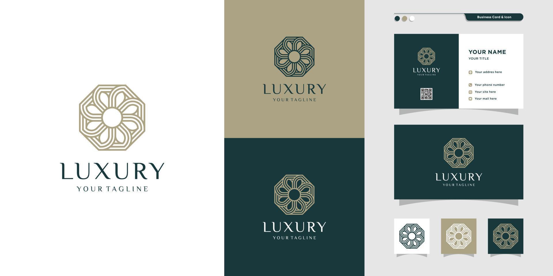 logotipo floral de luxo e cartão de visita com design de arte de linha. elegante, beleza, moda, empresa, vetor premium de negócios