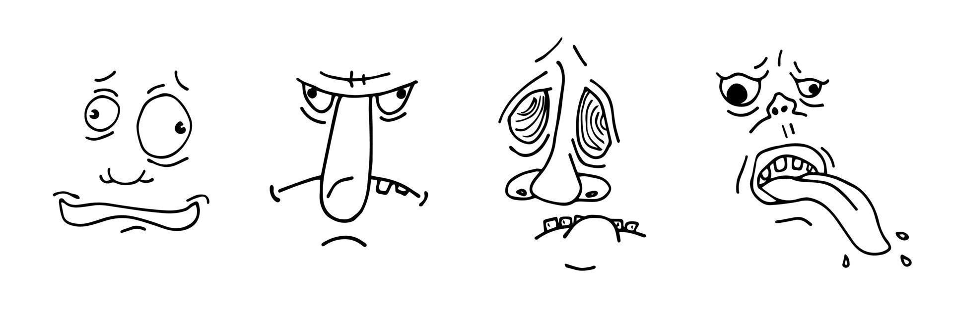 conjunto de esboço de desenho de rosto de homem feio. coleção de careta de personagem de desenho animado doodle esboço desenhado à mão. diferentes avatares de retrato de pessoa louca. ilustração gráfica isolada de vetor eps
