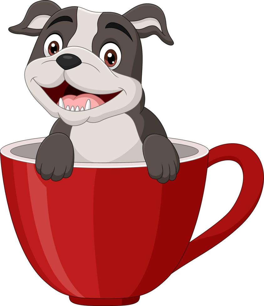 cão de desenho animado feliz sentado em um copo vermelho vetor
