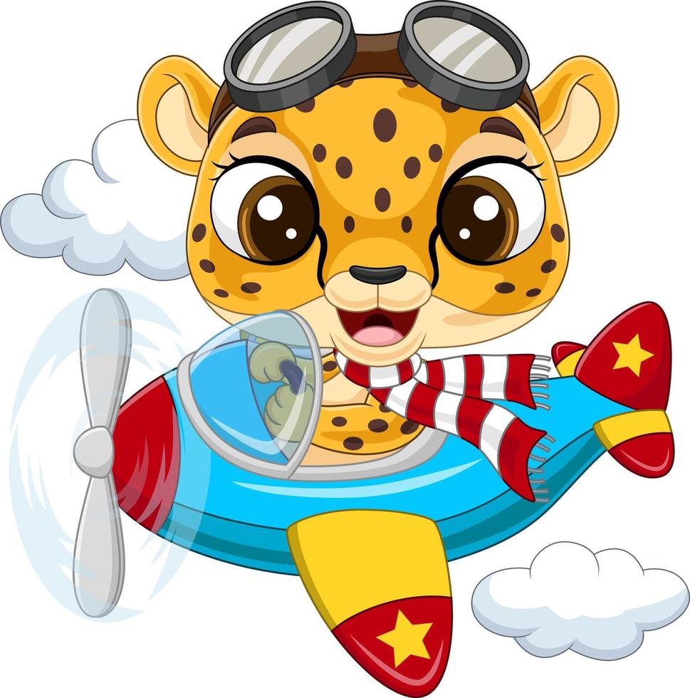 desenho animado bebê leopardo operando um avião vetor